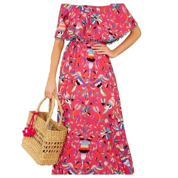 Judith March Dress Size Small Pink Parrot Tropical Maxi Off Shoulder Boho - Picture 1 of 9